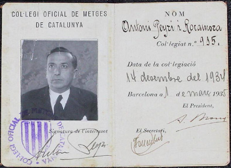 Fons Orfeó Català de Mèxic. Carnet de col•legiat al Col•legi de Metges d’Antoni Peyrí. 1934